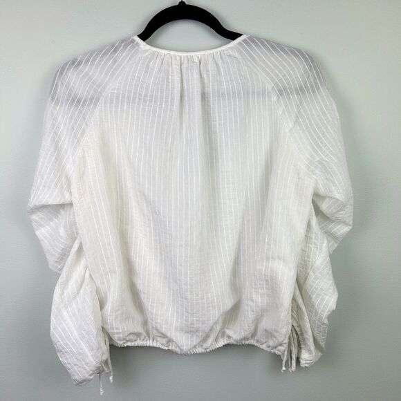 ASTR the Label Ruched Puff Long Sleeve Top White Sheer Pinstripe Blouse VNeck XS - Picture 9 of 15